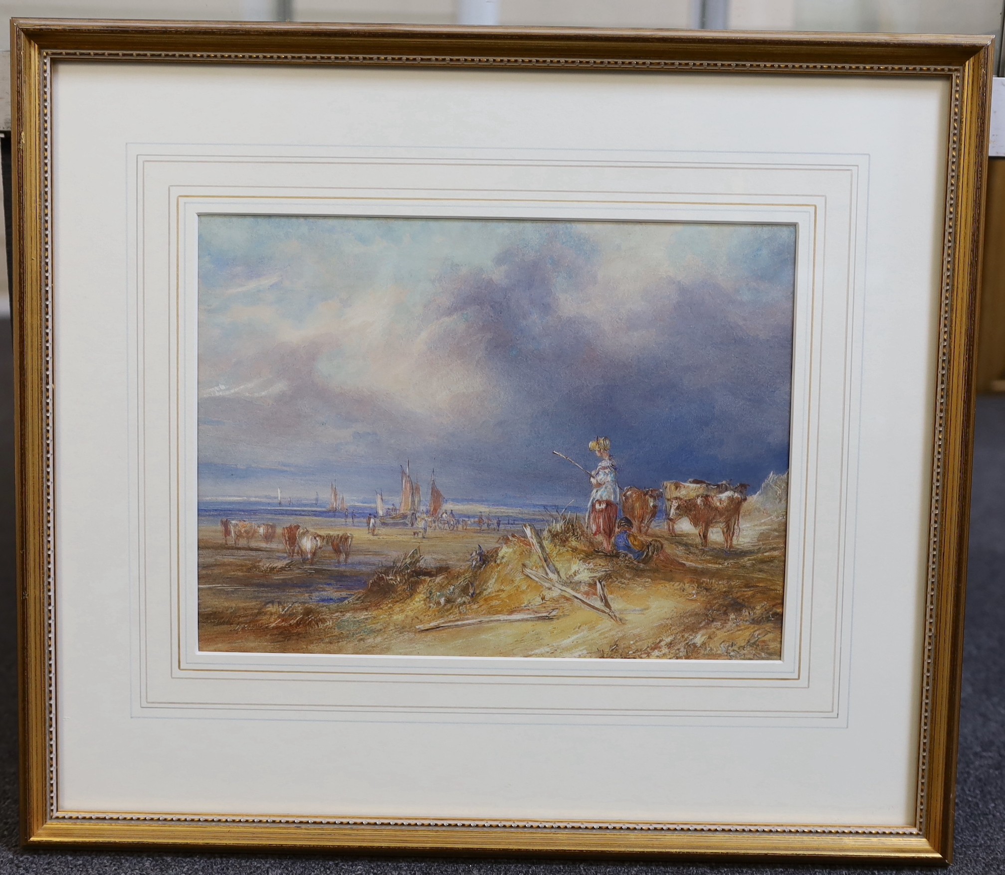 19th century English School, Cattle herders overlooking fisherfolk on the seashore, watercolour, 22 x 30cm